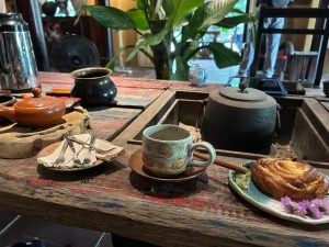 Japanese tea cups and teapot on a table at a Japanese tea place, Da Nang, Vietnam