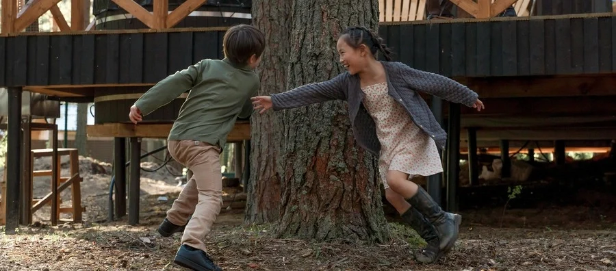 Boy and girl playing around a tree
